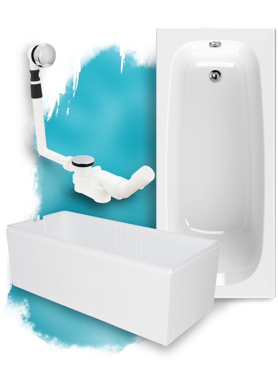 Premium Bathtub Complete Set 170x75 cm Original, Made in EU, 3-in-1 Acrylic Bathtub with Tub Support & Drain Set, Body-Shaped Bathtub, Rectangular Bathtub 170 x 75, 200 l, White, 99000088
