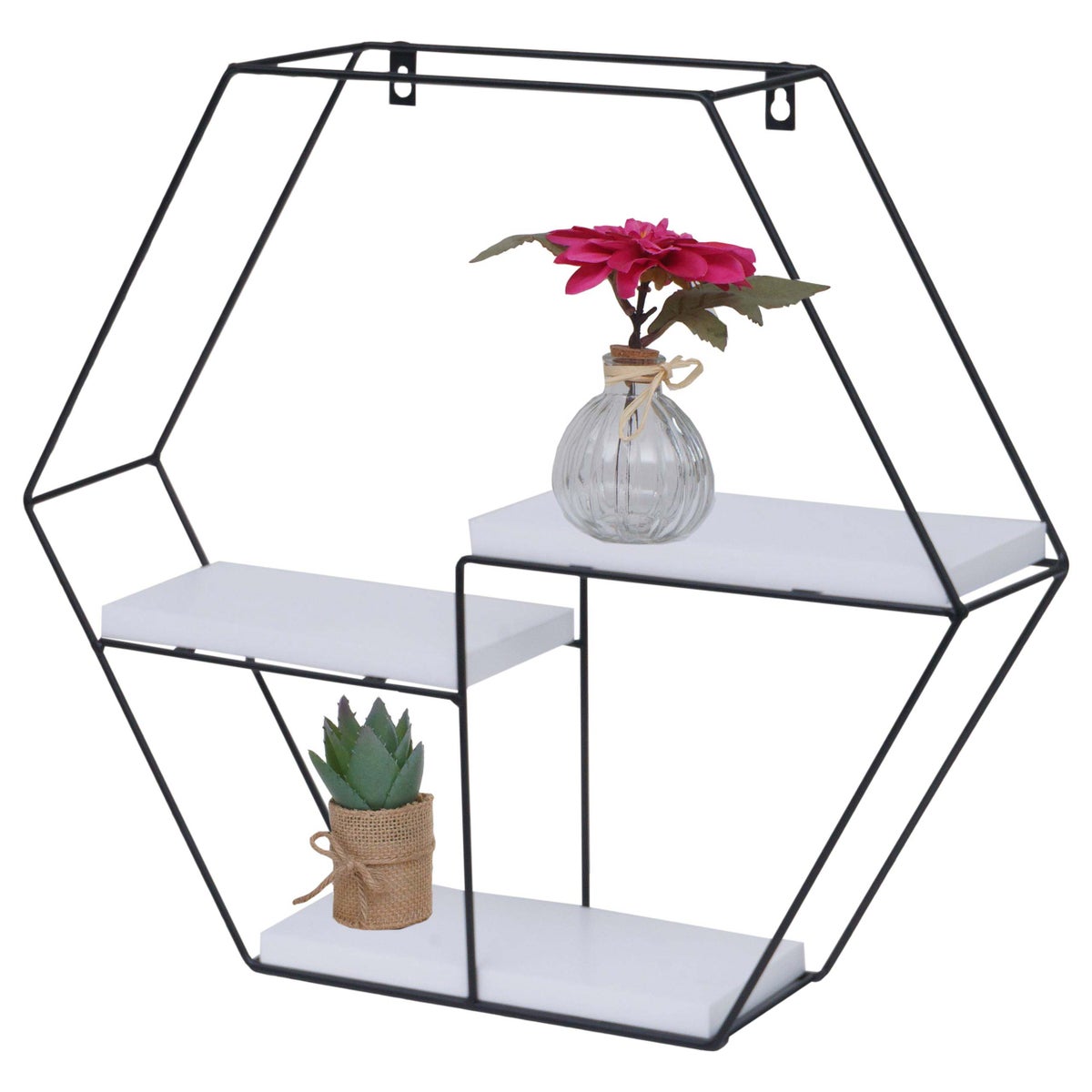 wall shelf hexagonal HxWxD 43x49x11cm 3 shelves metal solid wood industrial white hanging shelf floating shelf