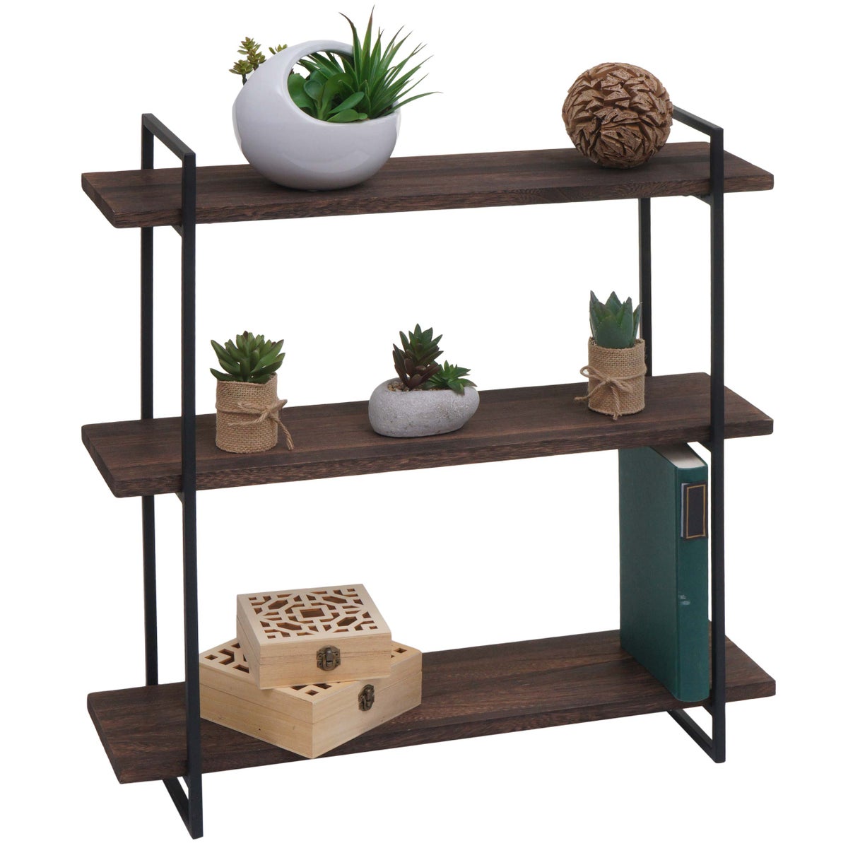 wall shelf HxWxD 60x60x18cm 3 shelves solid wood industrial dark brown hanging shelf floating shelf