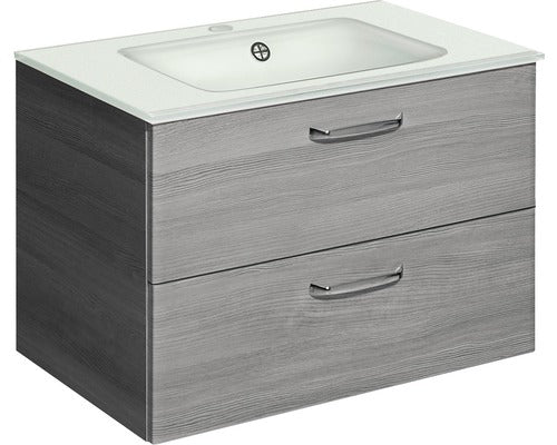 Badkamermeubel Quickset 328 BxHxD 74,5 x 54,5 x 45 cm Frontkleur grafiet structuur horizontaal met glazen wastafel wit 328.000730