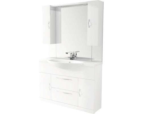 Badkamermeubelset BxHxD 121 x 190 x 50 cm Frontkleur wit hoogglans met wastafel in mineraal gegoten wit en wastafelonderkast met 2 deuren en 2 laden Laden met soft-close functie Spiegel Lichtpaneel