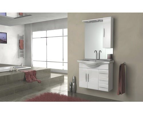 Bathroom furniture set Baden Haus Aida WxHxD 85 x 173 x 50 cm Front color white high gloss with washbasin ceramic white and vanity unit Vanity unit Mirror with LED lighting Wall cabinet