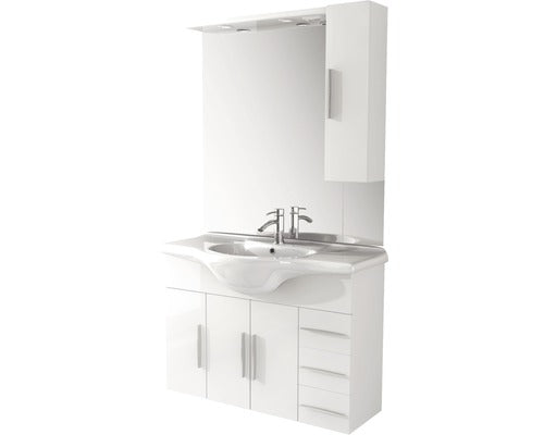 Badkamermeubelset BxHxD 105 x 173 x 50 cm Frontkleur wit hoogglans met wastafel keramiek wit en onderkast spiegel