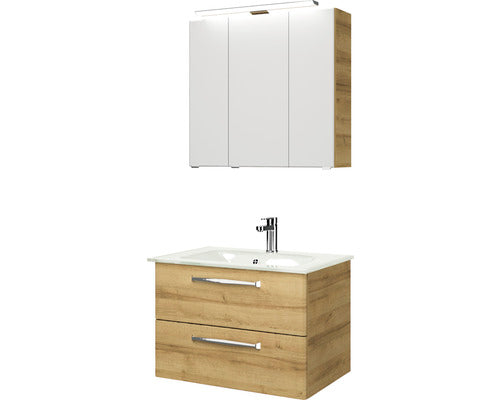 Badkamermeubelset BxHxD 77 x 200 x 50 cm Frontkleur Riviera eiken met glazen wastafel wit 99.77032647