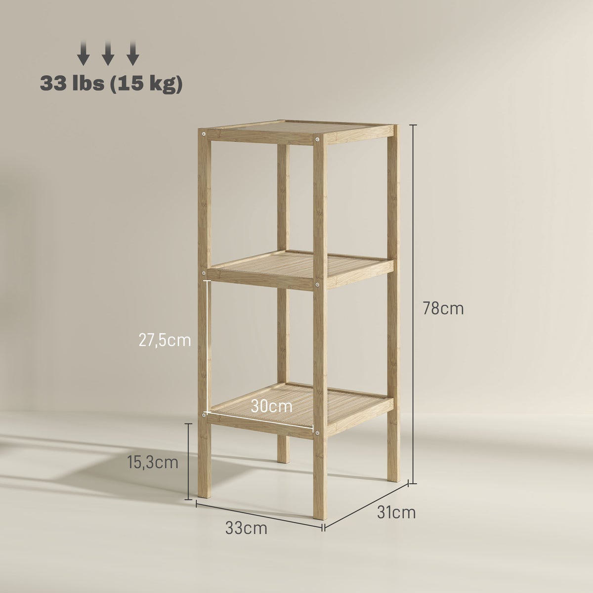 Bathroom Shelf, 3-Tier Bamboo Standing Shelf with Foot Pad, for Bathroom, Living Room, Kitchen, 33 x 31 x 78 cm, Natural Wood